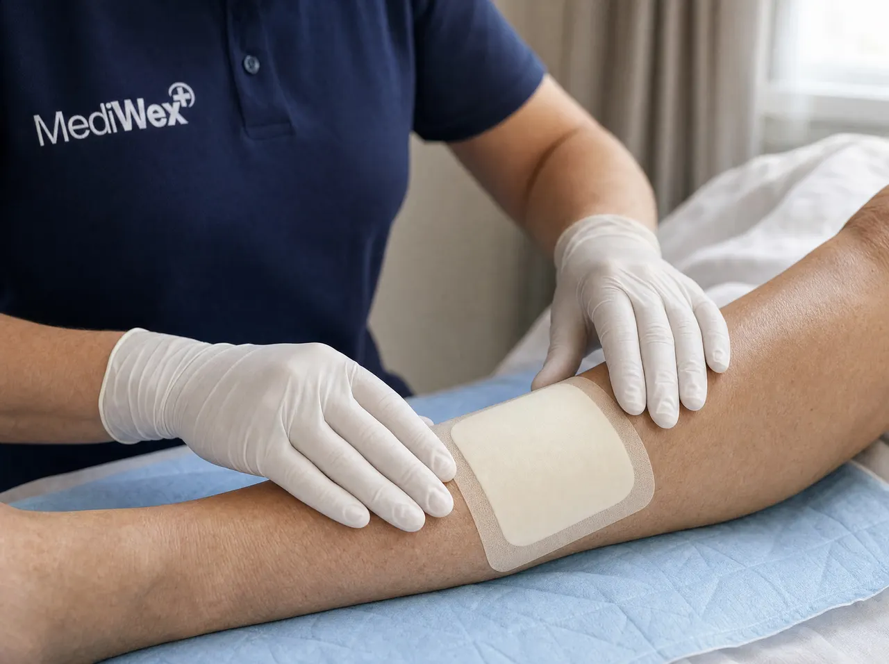 Nahaufnahme: Eine Wundexpertin legt eine Wundauflage am Unterarm an