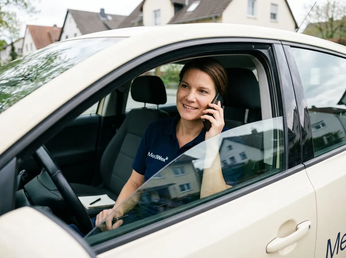 Homecare-Expertin von Mediwex telefoniert im Auto mit einer Patientin
