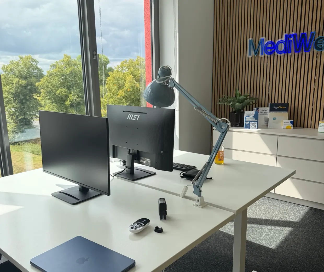 Arbeitsplatz im Mediwex-Büro in Lüdinghausen, das Logo an der Holzwand