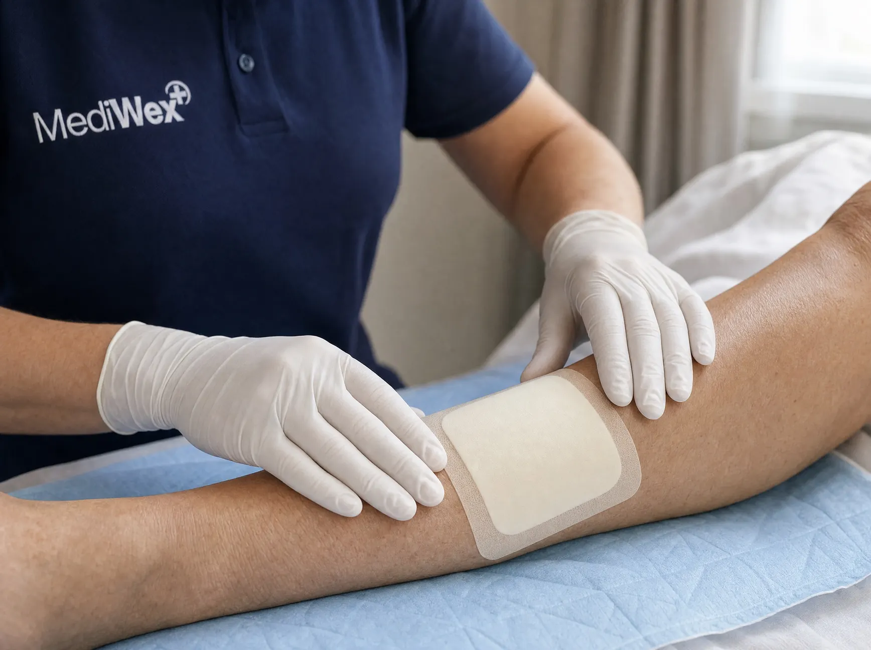Nahaufnahme: Eine Wundexpertin legt eine Wundauflage am Unterarm an